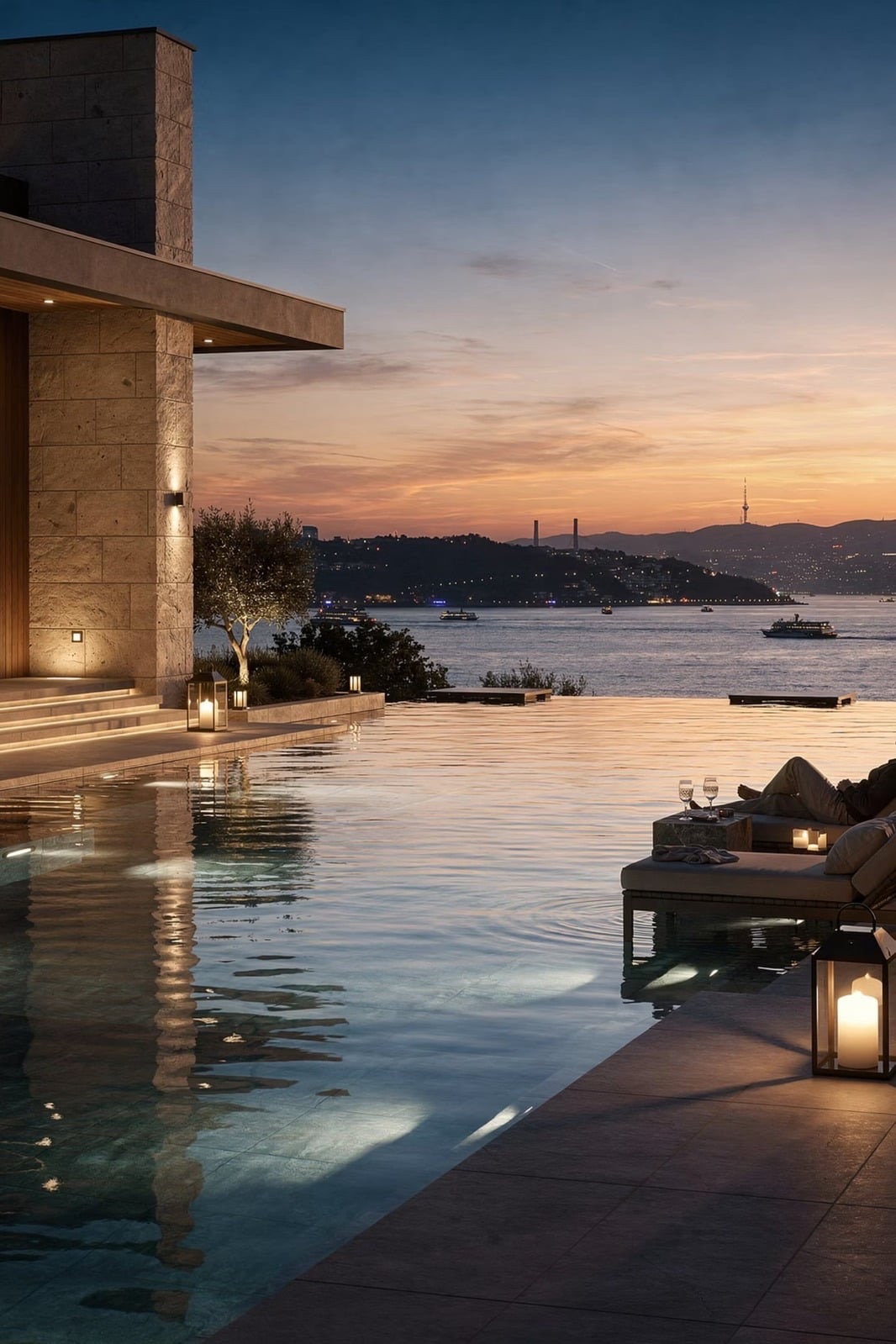 Waterfront terrace with an infinity pool overlooking the Bosphorus at sunset